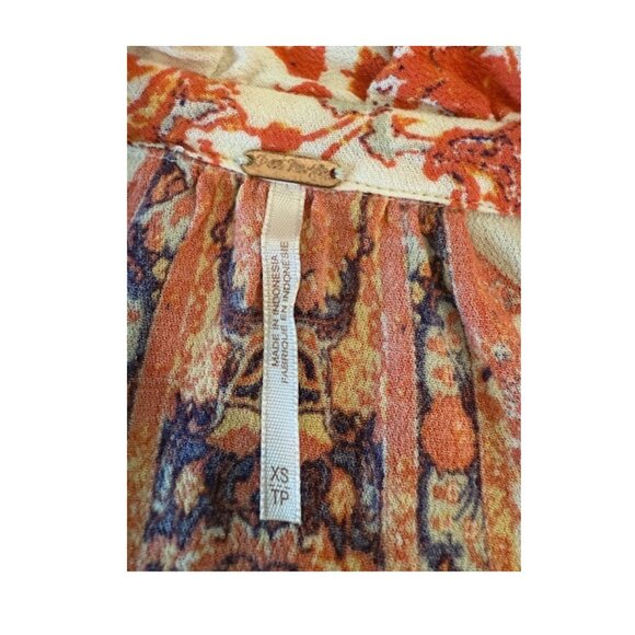 Free People Boho Printed Blouse XS – Orange & Purple Peasant Top - Picture 3 of 8